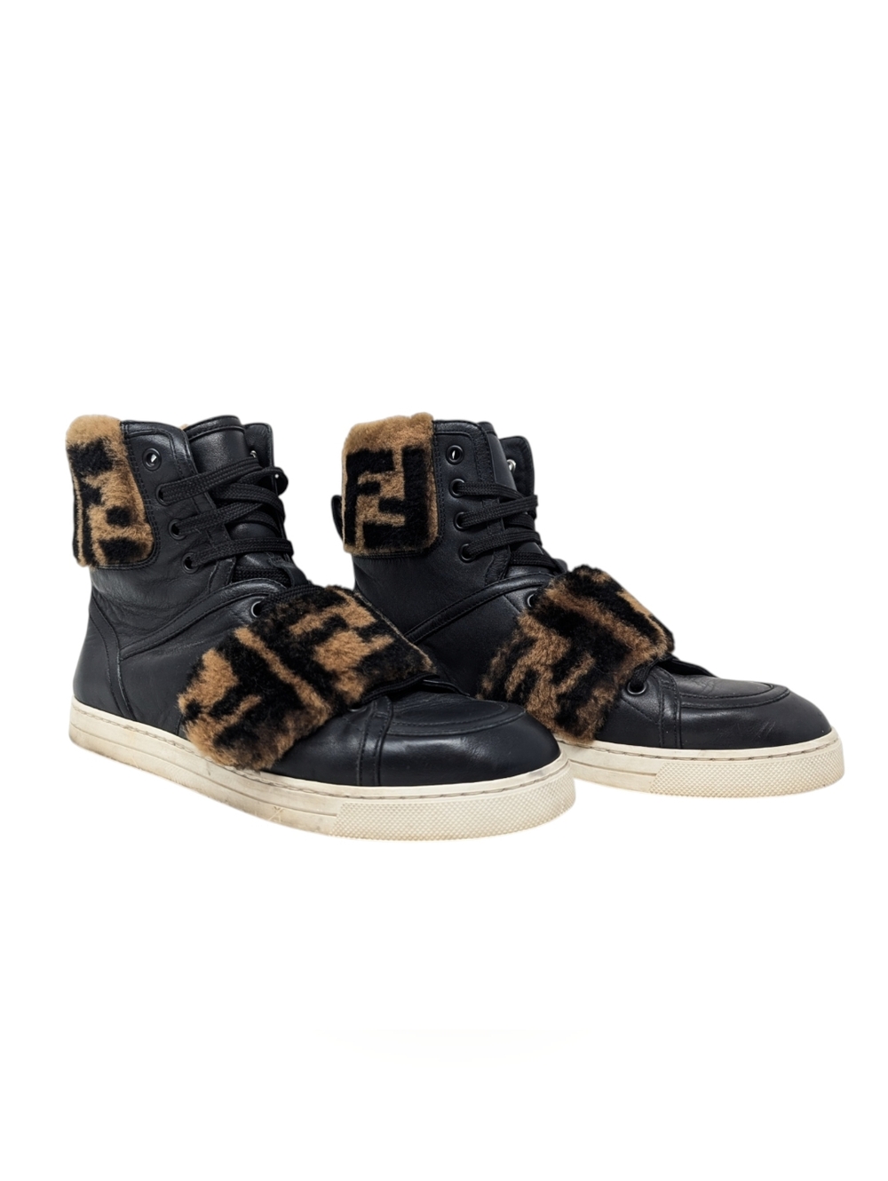Fendi Black Leather Shearling Logo High Top Sneakers 37